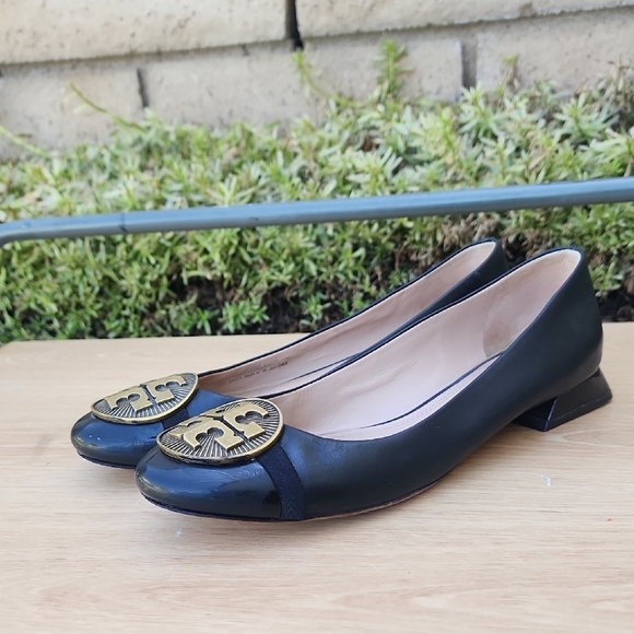 TORY BURCH Black Minnie Embellished Ballerina Low Block Heels #33634 Size 8 - Picture 1 of 12